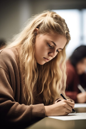shot of a female university student writing notes at her desk in class, created with generative aiの素材