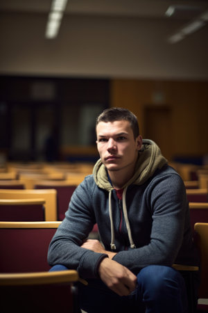 portrait of a young man sitting in the lecture hall at college, created with generative aiの素材