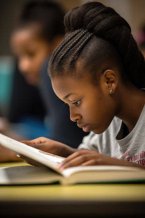 a young student working on her textbook, created with generative aiの素材