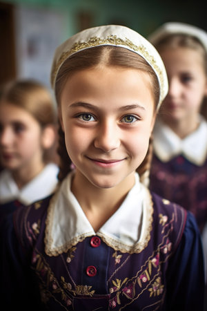 portrait of a plesant young schoolgirl smiling happily with her classmates at the background, created with generative aiの素材