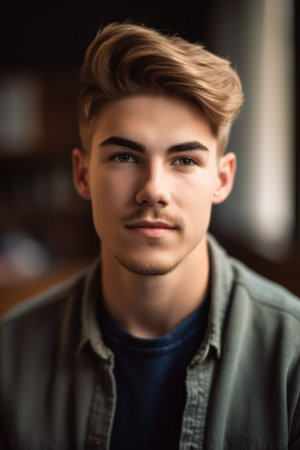 cropped portrait of a handsome male university student in his classroom, created with generative aiの素材