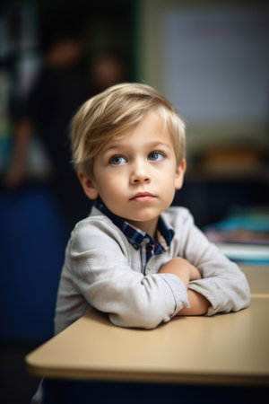 shot of an adorable little boy sitting in class at school, created with generative aiの素材