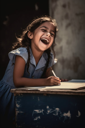 a young girl sitting on a school desk looking excited while writing in a notebook, created with generative aiの素材