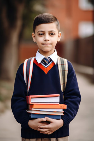 cropped shot of a young school boy holding his books while standing outside, created with generative aiの素材
