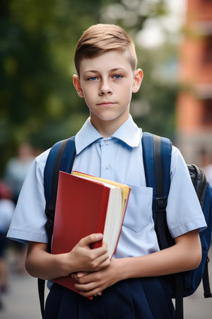 cropped shot of a young school boy holding his books while standing outside, created with generative aiの素材