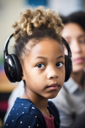 shot of a young girl listening to her teacher in class, created with generative aiの素材