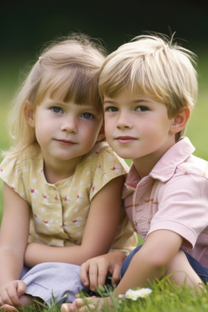 cropped shot of a young boy and girl sitting outside on the grass, created with generative aiの素材