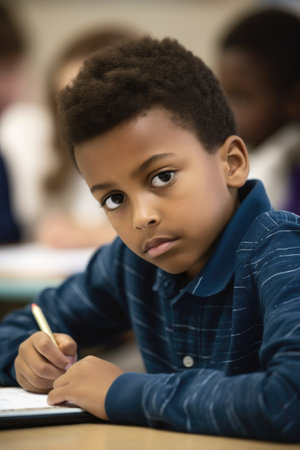 cropped shot of a young boy using a digital tablet during class, created with generative aiの素材