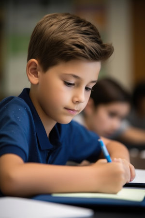 cropped shot of a young boy using a digital tablet during class, created with generative aiの素材
