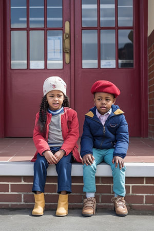 cropped shot of two young children sitting outside a school, created with generative aiの素材
