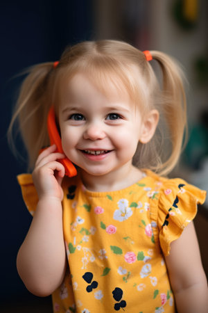 a smiling preschool girl talking on the phone, created with generative aiの素材