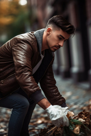 shot of a young man picking up litter outside, created with generative aiの素材