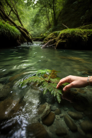 bio diversity, river water and hands in nature for adventure, peace or eco travel, created with generative aiの素材