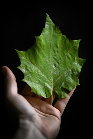 hand of man holding a leaf with copy space, created with generative aiの素材