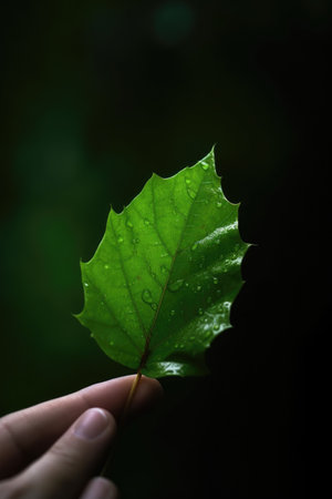 hand of man holding a leaf with copy space, created with generative aiの素材