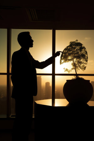 silhouette of business manager pointing at the eco friendly globe at office, created with generative aiの素材