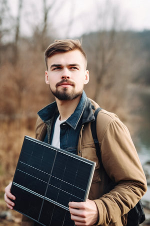a handsome young man standing outside with a solar panel in hand, created with generative aiの素材