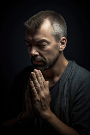 shot of a man with his hands clasped praying, created with generative aiの素材