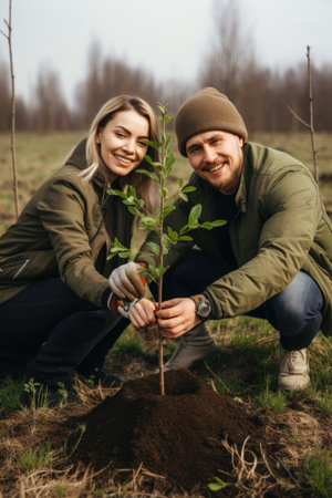 happy couple planting trees together, created with generative aiの素材