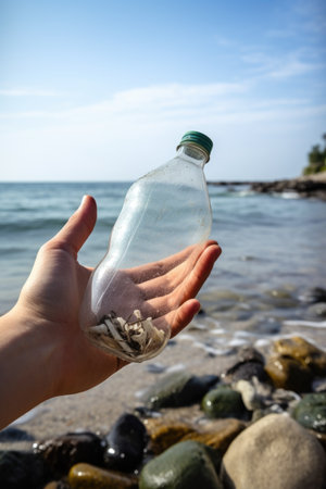 nature, ocean and hands holding plastic bottle in nature for recycled waste or litter, created with generative aiの素材