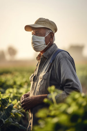 organic, sustainable or eco friendly farmer working on the farm while wearing a mask to protect his health, created with generative aiの素材