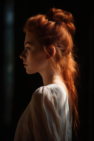 cropped portrait of a beautiful young woman taken from behind, created with generative aiの素材