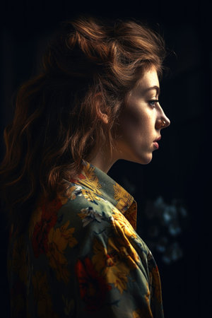 cropped portrait of a beautiful young woman taken from behind, created with generative aiの素材