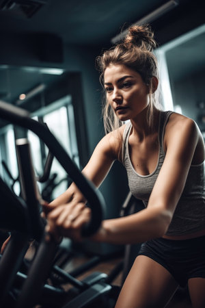 shot of a woman working out on an elliptical machine, created with generative aiの素材