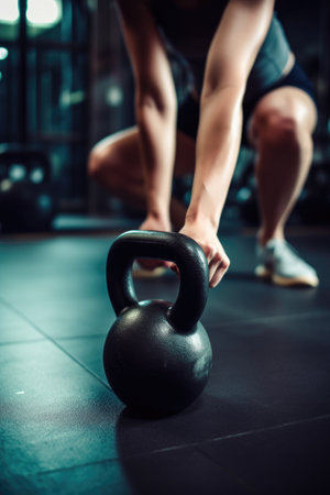 fitness, lifting and woman workout with kettlebells in gym for health, muscle building and body wellness, created with generative aiの素材