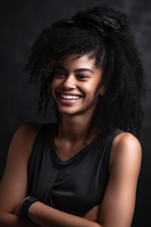 black woman, model and happy by workout for exercise wellness in gym from mockup space, created with generative aiの素材