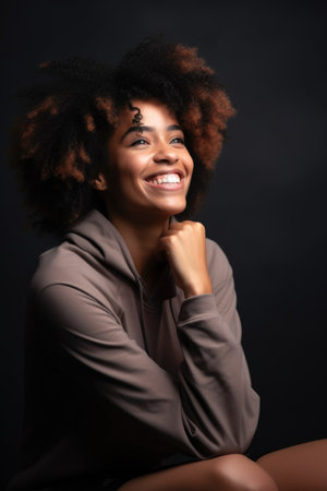 black woman, model and happy by workout for exercise wellness in gym from mockup space, created with generative aiの素材