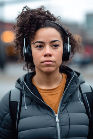 young mixed race woman standing alone after a workout with headphones and listening to music, created with generative aiの素材