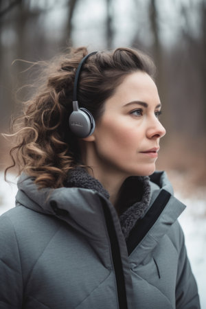 woman, earphones and health in nature going to listen to music while running outdoor, created with generative aiの素材