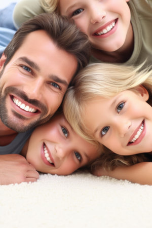 cropped image of a young family lying down on their living room carpet, created with generative aiの素材