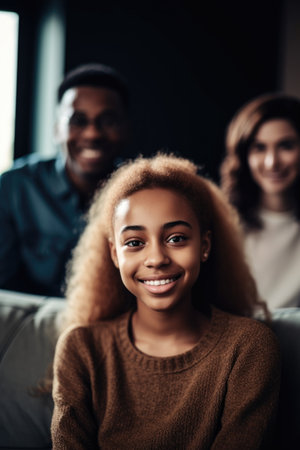 shot of a young girl sitting on the couch at home and spending time with her parents, created with generative aiの素材