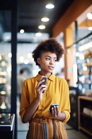 shot of a young business owner using her cellphone while standing in her store, created with generative aiの素材