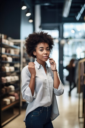 shot of a young business owner using her cellphone while standing in her store, created with generative aiの素材