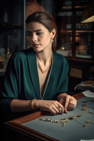 shot of a businesswoman working at her desk in a jewelry store, created with generative aiの素材