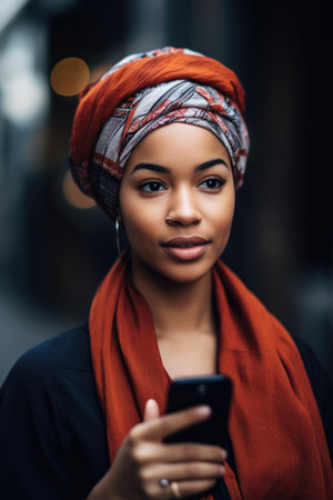 shot of a young ethnic woman using her cellphone, created with generative aiの素材