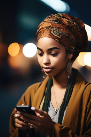 shot of a young ethnic woman using her cellphone, created with generative aiの素材