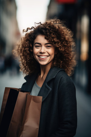 shot of a woman carrying shopping bags looking happy, created with generative aiの素材