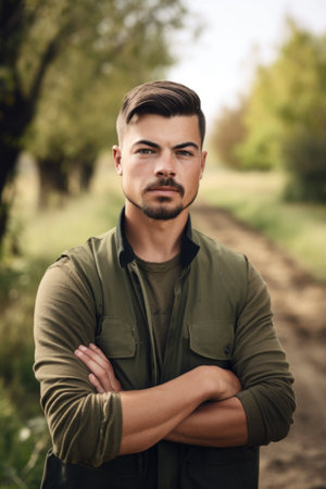 portrait of a young man standing with his arms crossed while working at a nature reserve, created with generative aiの素材