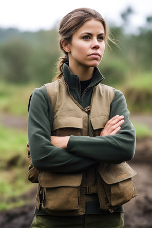 shot of a young female ranger standing with her arms crossed while working at a nature reserve, created with generative aiの素材