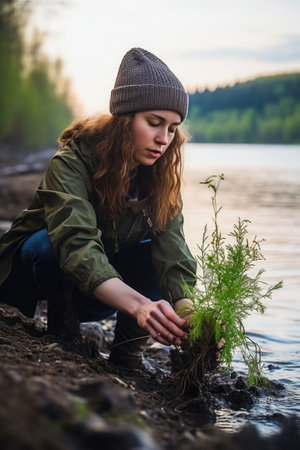 shot of a young woman planting fist sized seedlings in an area by a river, created with generative aiの素材