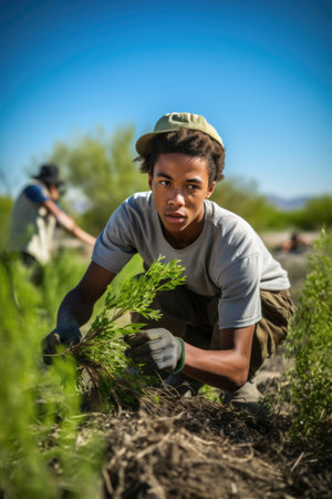 shot of a young man assisting nature in an ecosystem restoration effort, created with generative aiの素材