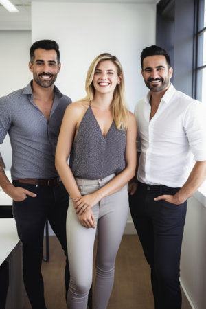 portrait of a group of happy coworkers standing in an office, created with generative aiの素材