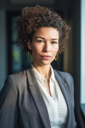 portrait of a confident mixed race businesswoman standing in an office, created with generative aiの素材