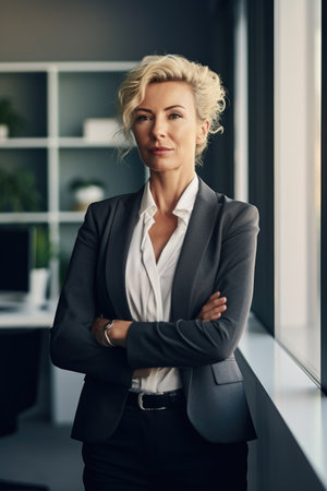 shot of a confident businesswoman standing alone in her office, created with generative aiの素材