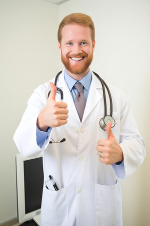an enthusiastic doctor giving a thumbs up in the office, created with generative aiの素材