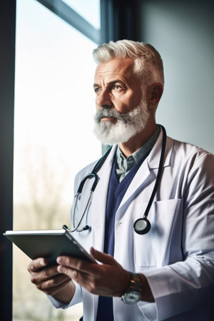 shot of a handsome mature male doctor using a digital tablet in his office, created with generative aiの素材